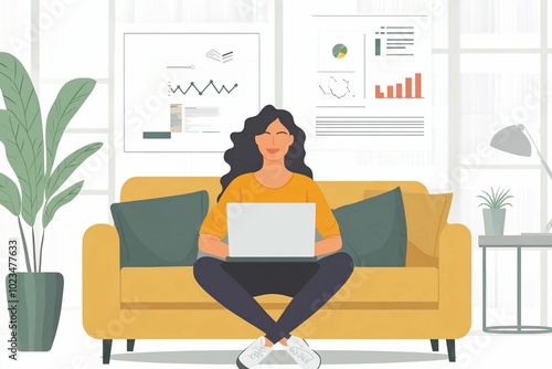 A confident freelancer woman sitting cross sofa