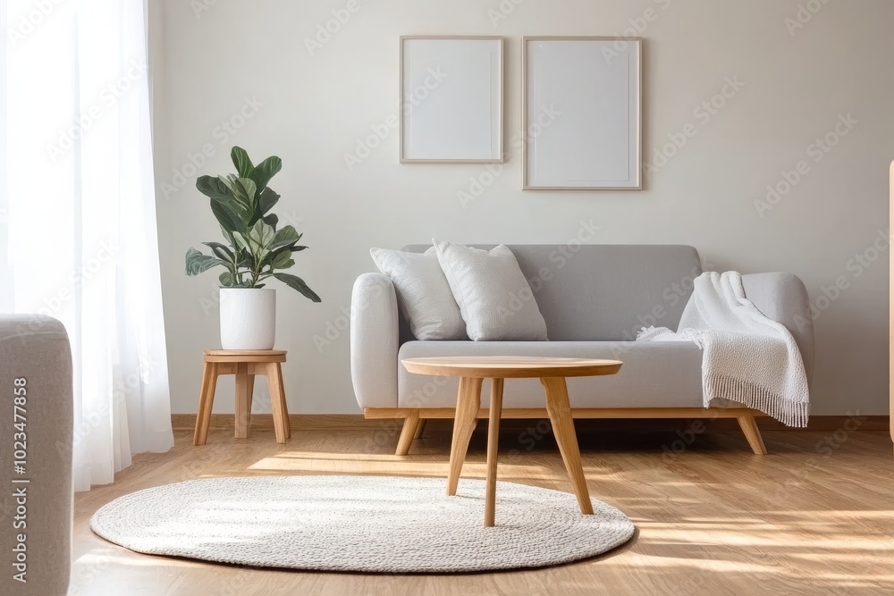 Fototapeta premium Modern Scandinavian Interior of a Living Room with Grey Sofa, Potted Plants, and White-Walled Paintings