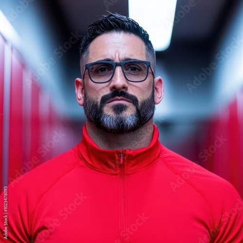 A focused man in a red sports jacket and glasses stands confidently in a brightly lit corridor, exuding determination and strength. photo