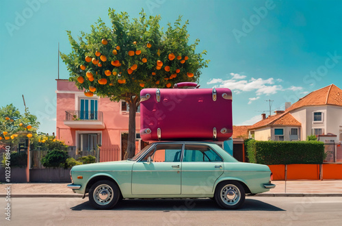 automobile vintage con valigia gigante sul tetto. partenza per le vacanze