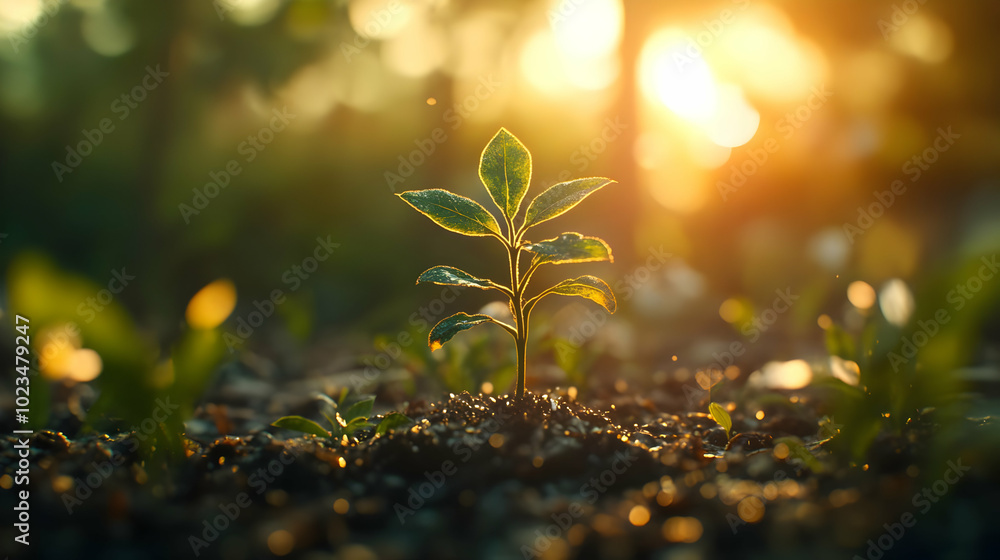 A Single Sprout Emerging From The Ground At Sunset - Realistic Image A Single Sprout Emerging From The Ground At Sunset - Realistic Image