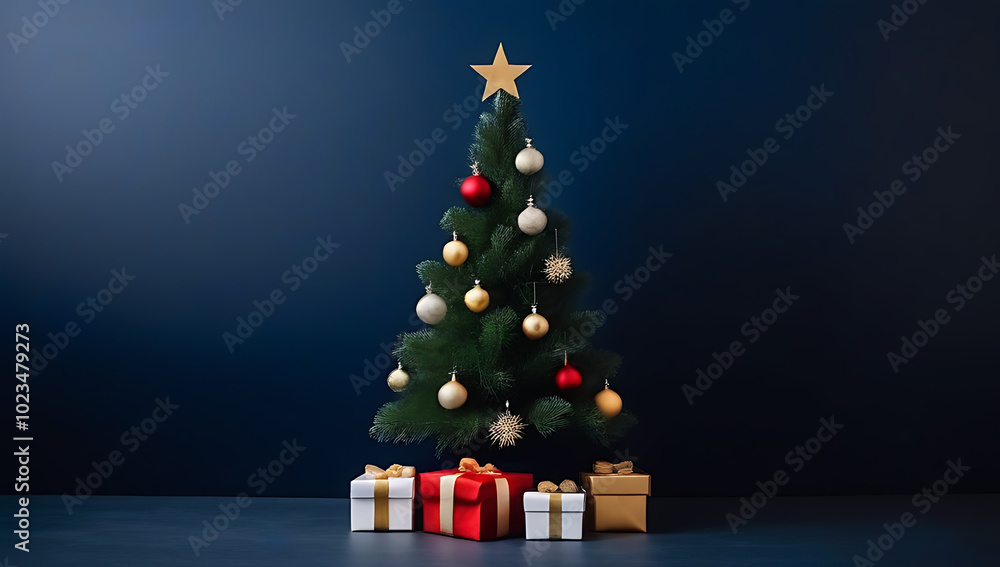 Fototapeta premium christmas tree made various decorations dark blue background