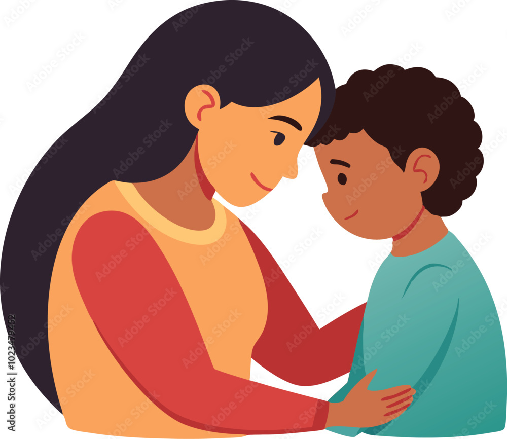 A touching vector illustration of a mother and child with foreheads touching, symbolizing love, trust, and emotional connection. A touching vector illustration of a mother and child with foreheads touching, symbolizing love, trust, and emotional connection.