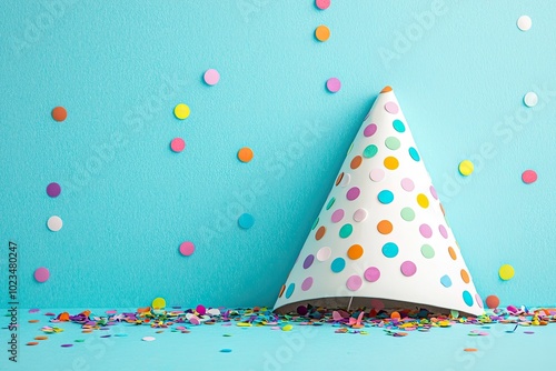 Party hat, colorful confetti on blue background