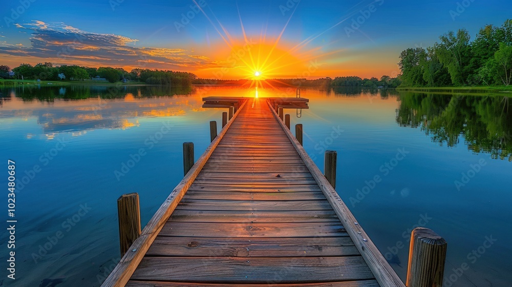 Fototapeta premium Sunset Over a Tranquil Lake with a Wooden Dock