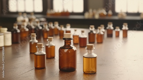 Antique Apothecary Collection - Vintage Bottles in Sepia Tones Showcasing Historical Science and Nostalgic Medical Heritage