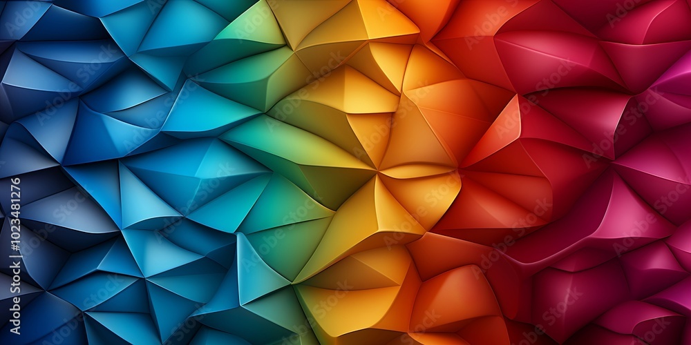 Obraz premium A vibrant abstract gradient formed by the interplay of overlapping three-dimensional geometric shapes in a spectrum of blues, greens, yellows, oranges, and reds.