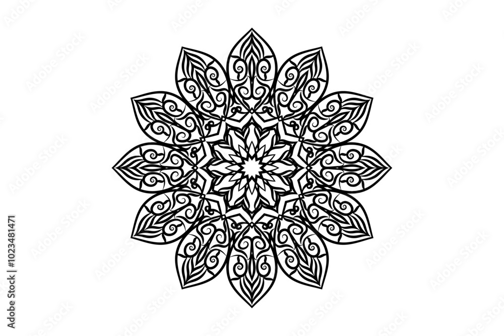 Black and white circular mandala design with perfect balance and flowing curves Black and white circular mandala design with perfect balance and flowing curves