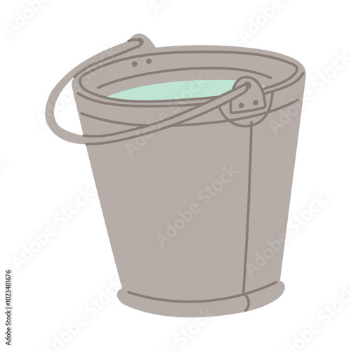 A metal flat bucket with water. Vector illustration of a container with water. a large aluminum bucket with a handle for carrying water. Pour, carry, store water. Sauna, spa, bathroom, hygiene