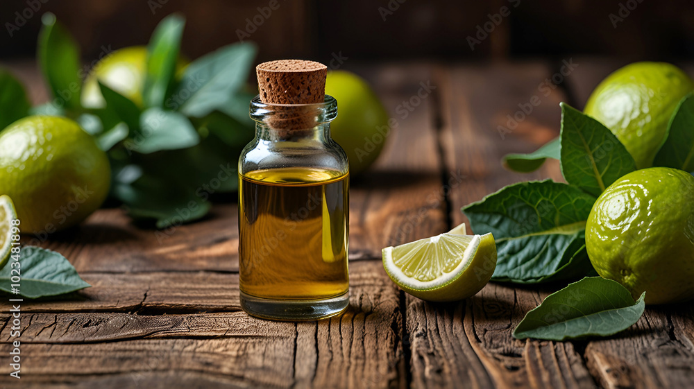 Bottle of bergamot essential oil standing on a rustic wooden surface surrounded by fresh bergamot fruit and leaves Bottle of bergamot essential oil standing on a rustic wooden surface surrounded by fresh bergamot fruit and leaves