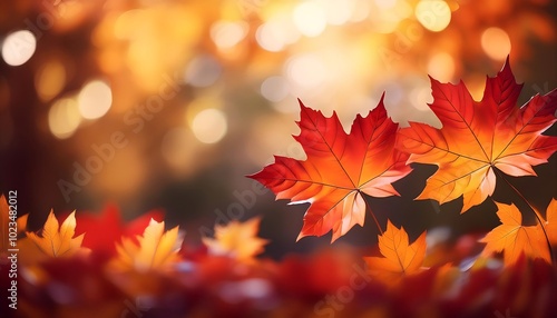 Vibrant red and yellow maple leaves create an elegant autumn web banner with a blurred background of fall colors. Generative AI