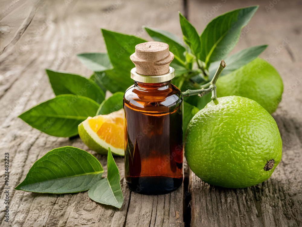 Bottle of bergamot essential oil standing on a rustic wooden surface surrounded by fresh bergamot fruit and leaves Bottle of bergamot essential oil standing on a rustic wooden surface surrounded by fresh bergamot fruit and leaves