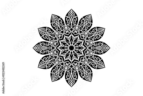 Elegant symmetry in black and white circular mandala pattern with flowing curves