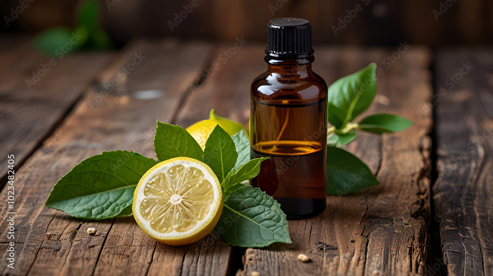 Bottle of bergamot essential oil standing on a rustic wooden surface surrounded by fresh bergamot fruit and leaves Bottle of bergamot essential oil standing on a rustic wooden surface surrounded by fresh bergamot fruit and leaves