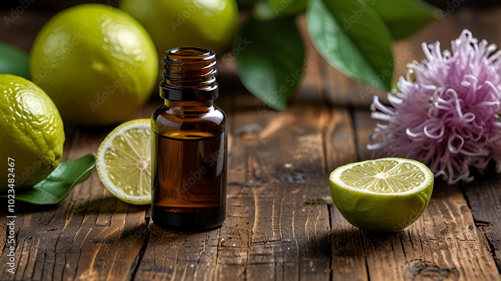 Bottle of bergamot essential oil standing on a rustic wooden surface surrounded by fresh bergamot fruit and leaves Bottle of bergamot essential oil standing on a rustic wooden surface surrounded by fresh bergamot fruit and leaves
