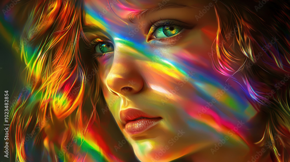 Close-up portrait of a girl with ethereal rainbow light illuminating her face Close-up portrait of a girl with ethereal rainbow light illuminating her face