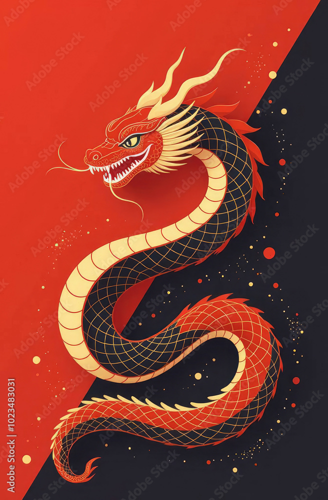 Fototapeta premium Snake Symbol of 2025 New Year, Image of a snake on a red background in the style of Chinese New Year 2025