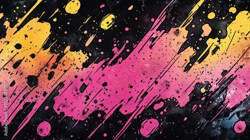 A vibrant abstract design featuring splashes of pink, yellow, and black.