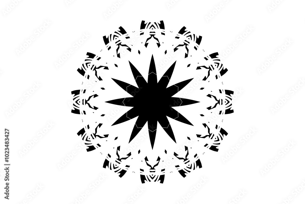 Black and white mandala sketch with intricate line work and unique shapes in a circular motif Black and white mandala sketch with intricate line work and unique shapes in a circular motif