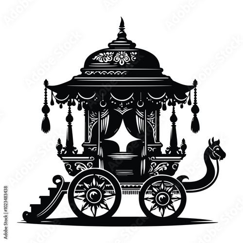 A monochrome illustration showcasing a traditional horse-drawn carriage, emphasizing its elegant design