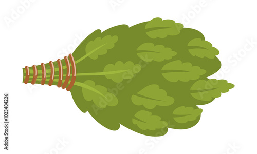 An oak broom for a sauna, bathhouse, steam room is flat on a white background. An isolated, assembled and rewound bundle of oak twigs and leaves for massage during relaxation of hygiene procedures