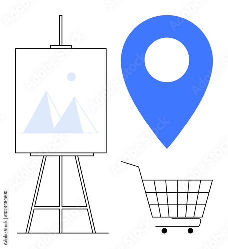 Art canvas on easel with mountain design, blue location marker, and shopping cart. Ideal for art, navigation, shopping, digital marketing and graphic design. Modern minimalist style