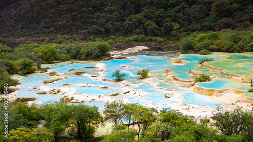 Huanglong's colorful pools (Five-color pools) in autumn.