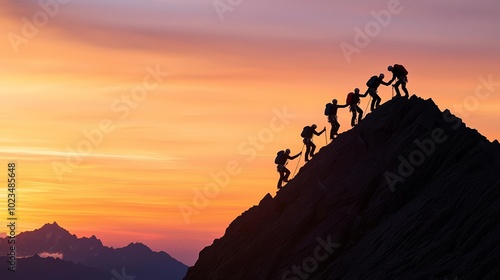 Group of climbers assisting each other to summit under sunset sky, metaphor for collaboration and shared victories