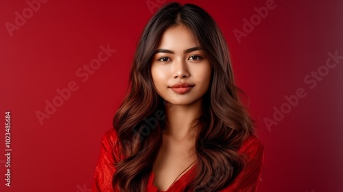 Wallpaper Mural Young Indian woman with long wavy brown hair, wearing red, posing confidently in front of a red background Torontodigital.ca