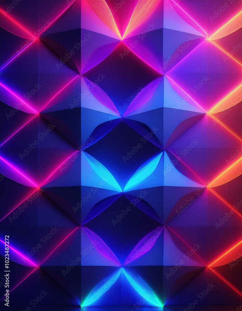 Neon lights illuminate a geometric wall Neon lights illuminate a geometric wall
