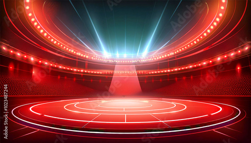 Abstract red lighting tech background stadium stage hall with scenic lights of round futuristic technology half black vector empty stage spotlight background.Generative AI