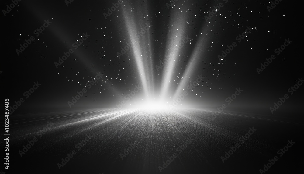 Fototapeta premium White Light Streaks and Glimmering Particles on Black Background