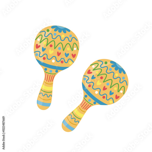 Mexican maracas musical instrument. Vector illustration of colorful maracas, isolated on a white background. Flat design style.