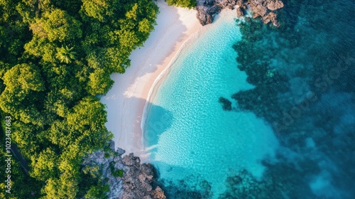 Aerial View of Lush Tropical Forest Meeting Pristine White Sand Beach and Clear Turquoise Ocean