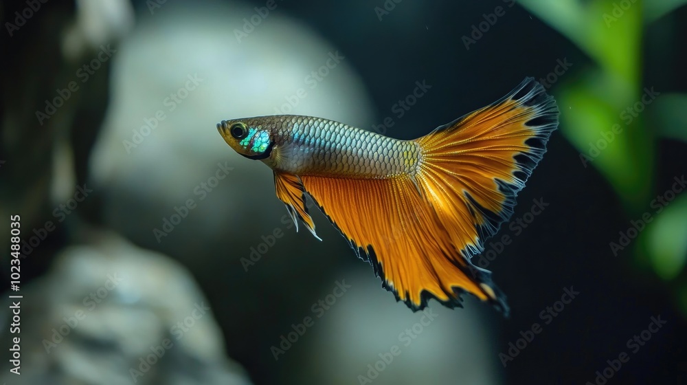 Fototapeta premium A guppy fish with a flowing tail darting through a dark aquarium, its radiant colors standing out against the shadows.