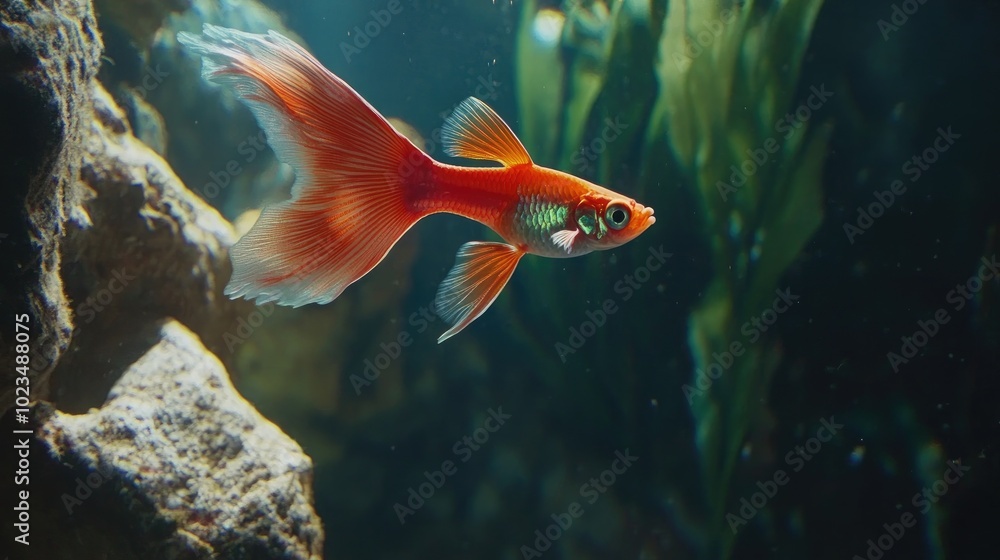 A guppy fish with a flowing tail darting through a dark aquarium, its radiant colors standing out against the shadows. A guppy fish with a flowing tail darting through a dark aquarium, its radiant colors standing out against the shadows.