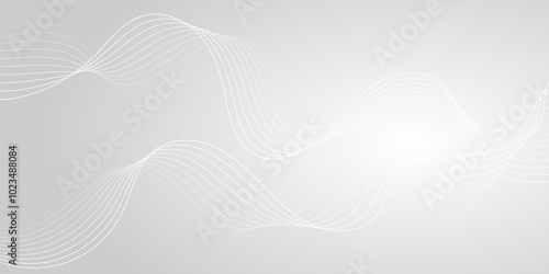 White wave curve lines abstract background with flowing particles. Digital energy waves technology concept. Modern backdrop design for business, presentation, banner.