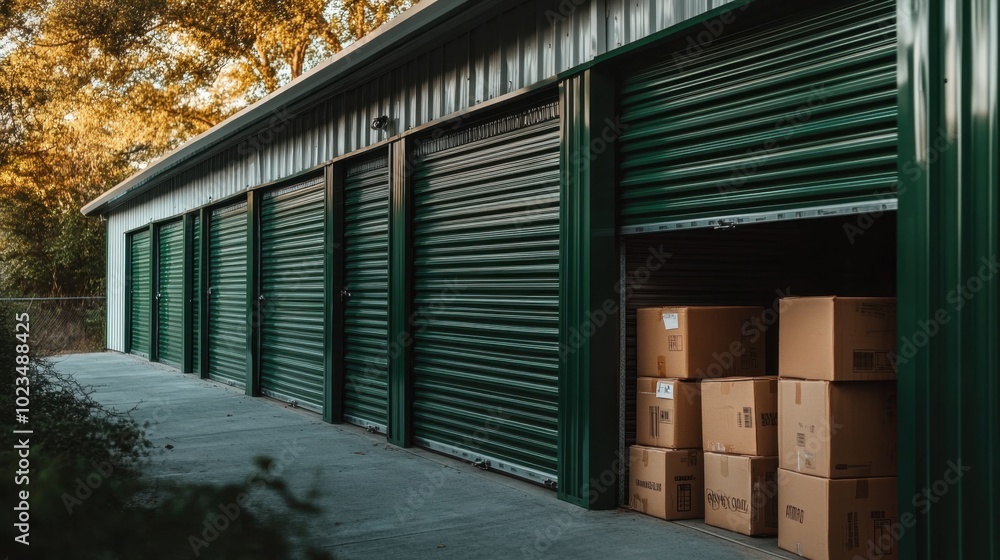 Green storage unit doors stand ajar, with cardboard boxes visible inside, capturing the essence of self-storage Green storage unit doors stand ajar, with cardboard boxes visible inside, capturing the essence of self-storage