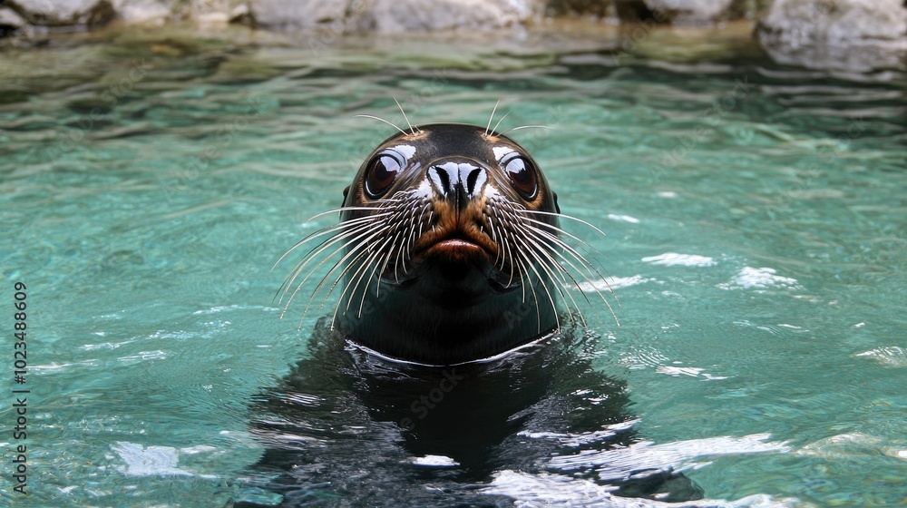 Fototapeta premium A seal popping its head above the water, its curious eyes and whiskers capturing a moment of curiosity in the wild.