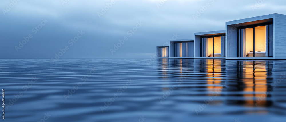 Scenic view of modern floating houses reflecting in calm water during twilight. Scenic view of modern floating houses reflecting in calm water during twilight.