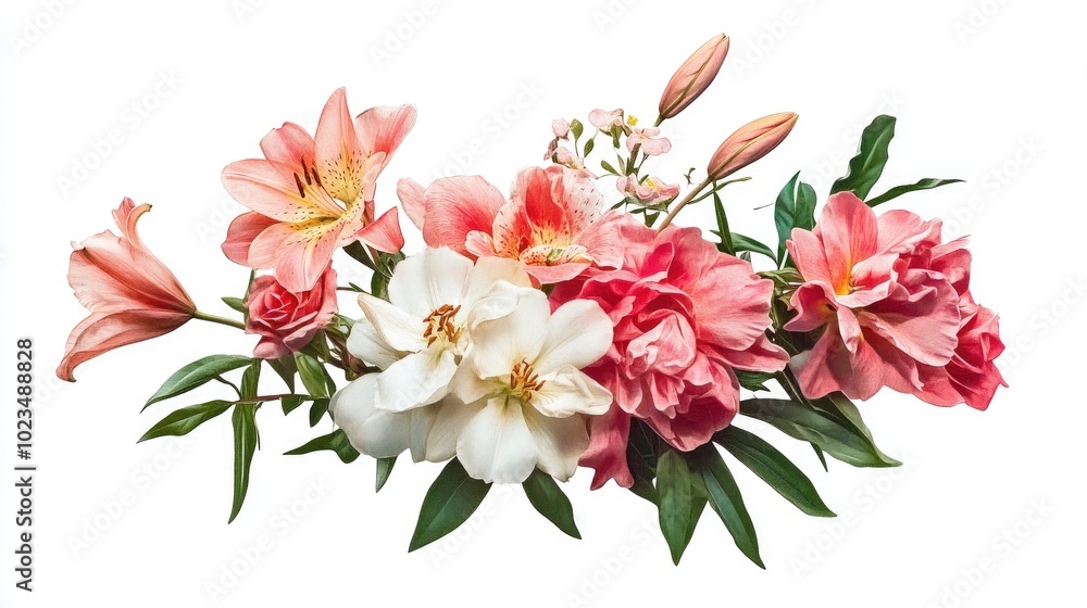 Obraz premium A stunning garden scene of roses, lilies, and peonies in a lush arrangement, set against a white background with transparent PNG.