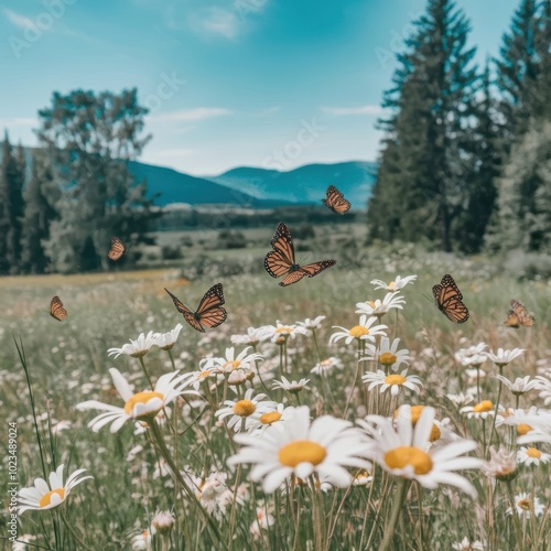 sunlit field of daisies with fluttering butterflies. The field is located on a summer meadow in nature. The background reveals a panoramic landscape with mountains and trees. The sky is clear and blue