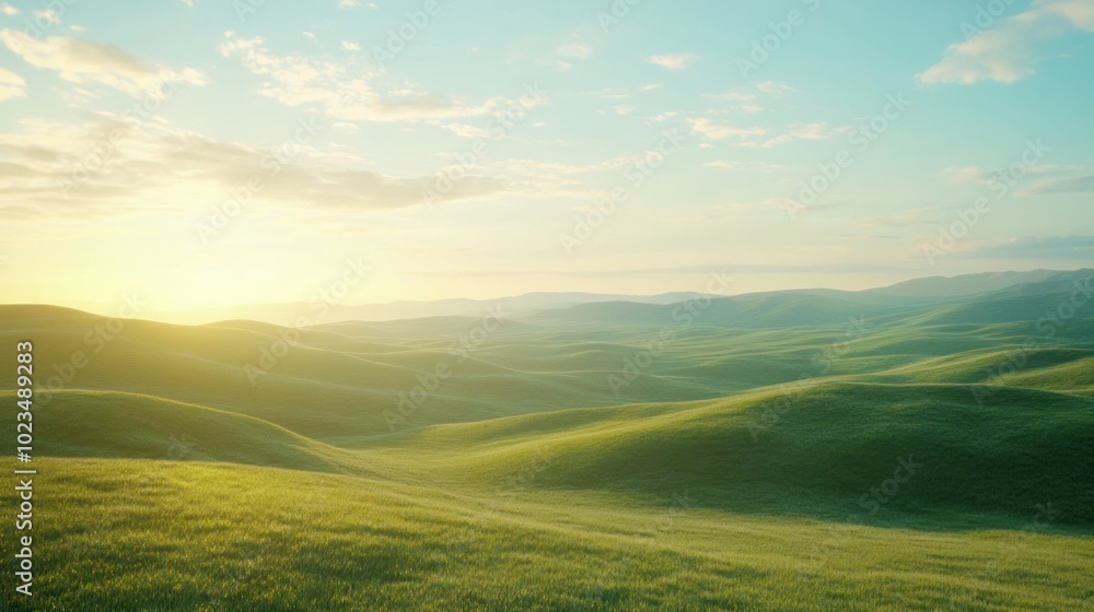 Rolling Green Hills at Sunset with a Clear Sky Rolling Green Hills at Sunset with a Clear Sky