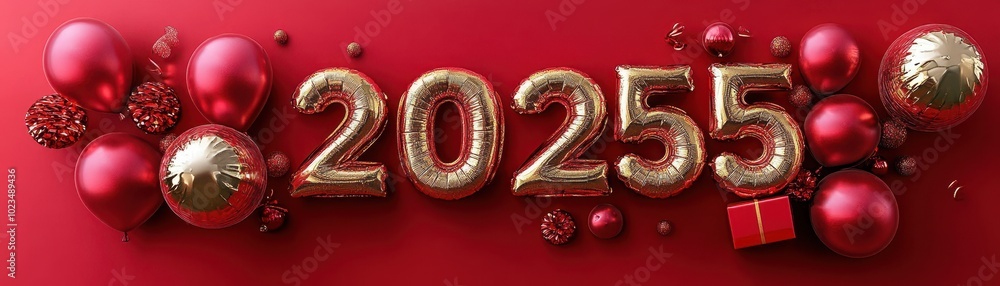Golden 2025 Balloons with Red Christmas Ornaments on a Red Background Golden 2025 Balloons with Red Christmas Ornaments on a Red Background