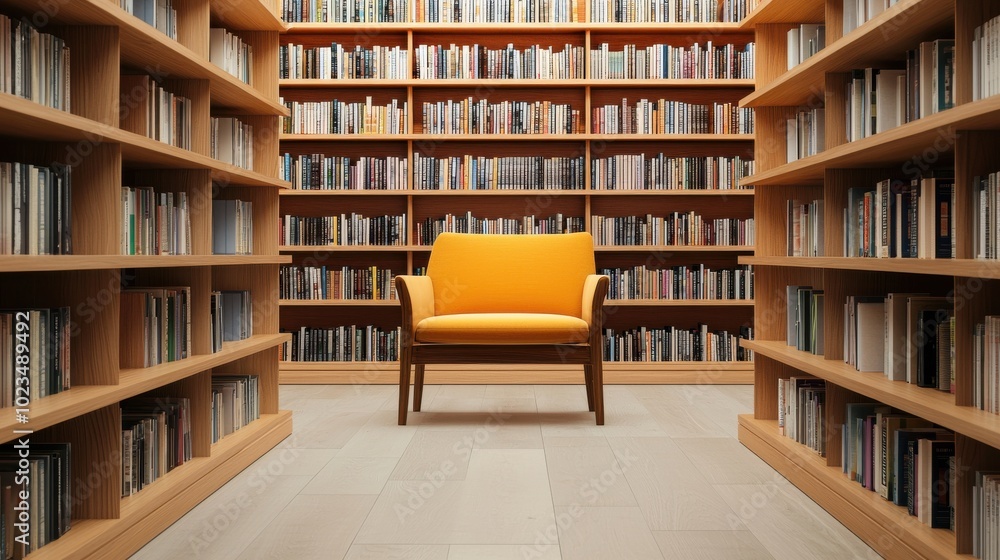 Bright yellow chair in modern library surrounded by shelves of books. Bright yellow chair in modern library surrounded by shelves of books.