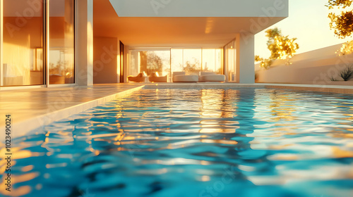 Wallpaper Mural Modern Home Swimming Pool with Golden Sunset Reflections 3D Illustration Torontodigital.ca