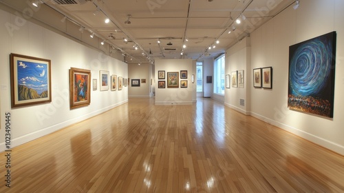 Modern art gallery with paintings elegantly hung on clean white walls, creating a serene and open space.