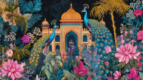 Mughal garden pattern with vibrant peacocks, temple architecture, and flowers, creating an ornate illustration of cultural heritage