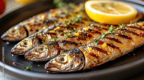 Grilled fish garnished with herbs and lemon, served on a black plate, showcasing a colorful and appetizing presentation.