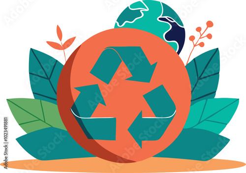 A vector illustration of a recycling symbol with leaves and a globe, representing sustainability, ecofriendliness, and environmental care.